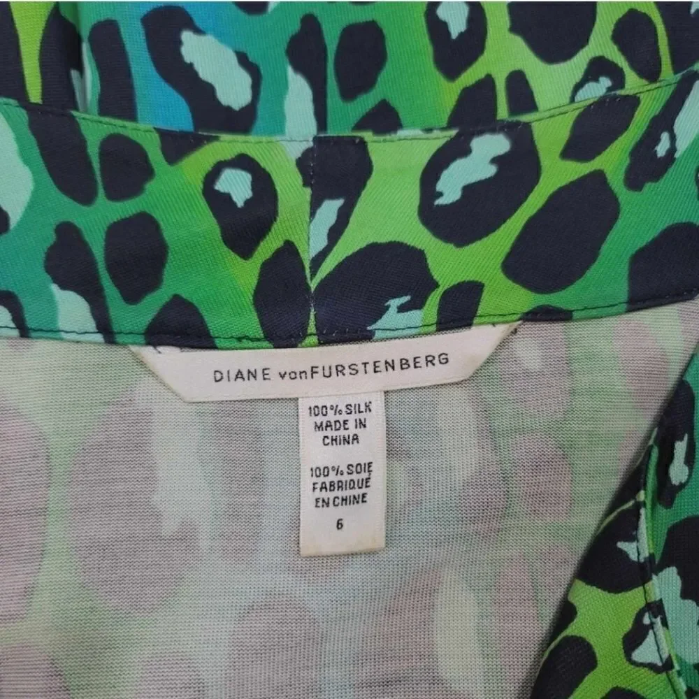 Vintage Y2K Diane Von Furstenberg 100% Silk Gaby Green Leopard Dress Size 6 - Picture 10 of 13